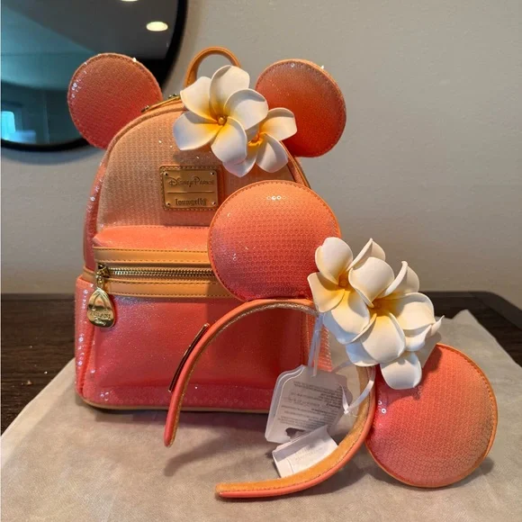 Disney Parks Plumeria Loungefly Backpack and Ears Set Disney Aulani Resort Peach Paradise Plumeria Loungefly  main image 4